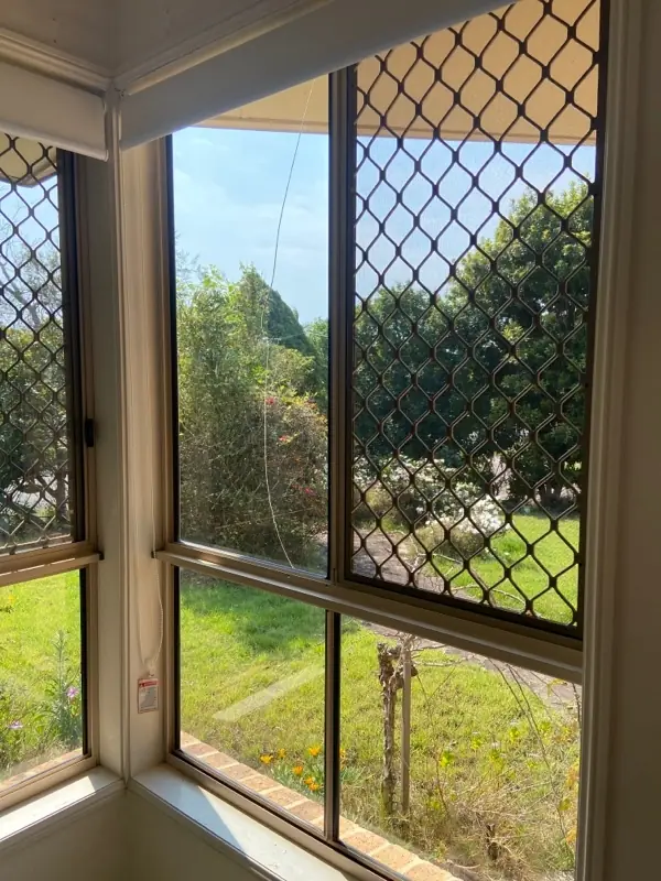 Older aluminium window with security screen overlooking a garden